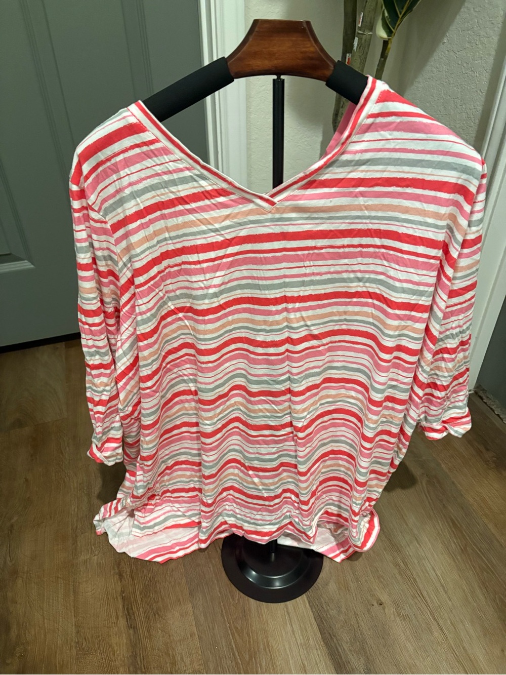 Woman Within Coral and White Striped V-Neck Long Sleeve Top